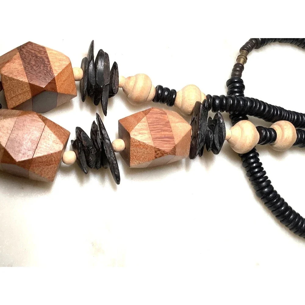 Vintage Wooden Necklace Chunky Statement Wood Bead Brown Natural Earthy Boho 24